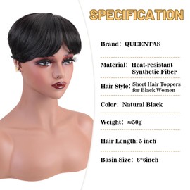QUEENTAS Black Short Hair Toppers for Women with Thinning Hair 360°3D Cover with 5 Clips Hair Pieces Wispy Bangs 6"*6" Large Coverage Men's Toupee(Black/1B)