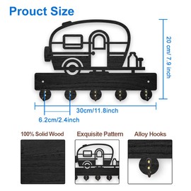 MAYJOYDIY Wooden Motorhome Key Hook Wall Mounted Outdoor Motifs Coat Stand for Wall 30 x 20 cm Black Key Holder with 5 Alloy Hooks for Entrance Area Bedroom Home Decoration