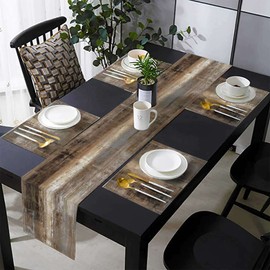 TQFZP Brown and Grey Abstract Modern Table Runner 108 Inches Long with Place Mats Set of 7 Retro Art Painting Graffiti Linen Dining Mat Sets Washable Vintage Tabletop for Home Decorations