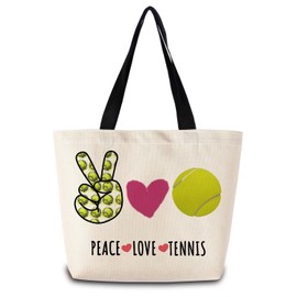 ZhuVantrix Peace Love Tennis Tote Bag Reusable Grocery Bags Aesthetic Shopping Shoulder Handbag with Interior Zipper Pocket Stylish Tennis-themed Present for Tennis Lovers Fans Women