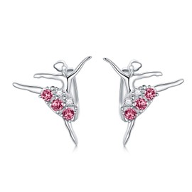 Ballerina Hoop Earrings 925 Sterling Silver Dancer Jewelry with October Pink Birthstone Crystals, Ballet Themed Dancer Gifts for Women
