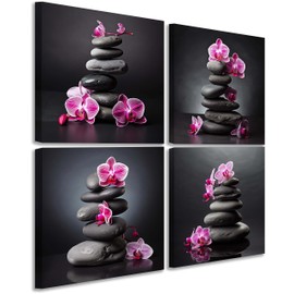 NAN Wind Zen Wall Art Purple Orchids and Zen Stones D cor Orchid Canvas Wall Art Flowers Spa Pictures Artwork Stretched and Framed Floral Wall Art Ready to Hang for Bedrooms Living Rooms Dining Areas