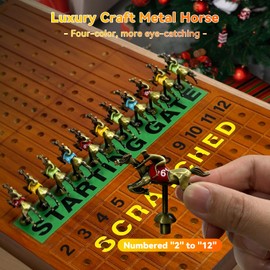 Large 23 inches Horse Race Board Game with Luxury Metal Numbered Horses, 4 in 1 Foldable Wood Horse Race Board Game with Dice Poker Chips/Chess & Checkers/Tic Tac Toe for for Adults Family Parties