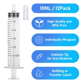 12Pack 10mL Oral Syringes without Needle - Individually Wrapped, with Cap for Liquid, Measuring, Ink Refilling, Oil, Liquids Glue Applicator