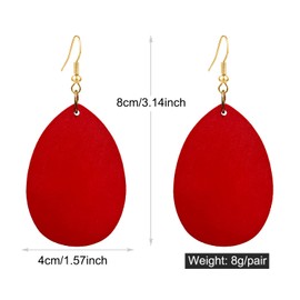 KaFu Dangle Natural Wood Teardrop Geometric Circle Earrings Stainless Steel Stud Bohemia Retro Earrings for Women (Red)
