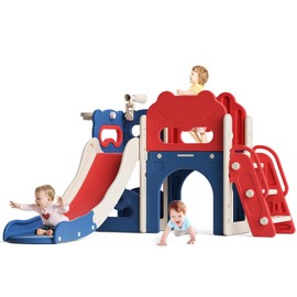 8 in 1 Toddler Slide Playset Indoor Playground,Kids Slide Outdoor Freestanding Climber with Telescope Basketball Hoop Tunnel Storage Space for Preschool