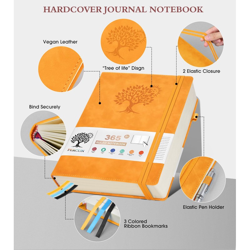 PERCUN A4 Lined Journal Notebook，365 Page Large Leather Journals for
