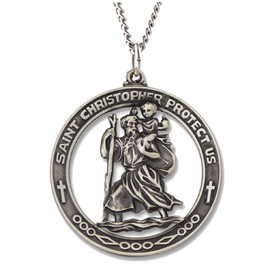 Saint Christopher Sterling Silver Antique-Finish Medal Necklace | Includes 24 Inch Sterling Silver Chain | Made of Solid 925 Sterling Silver | Cut Out Pierced Religious Pendant