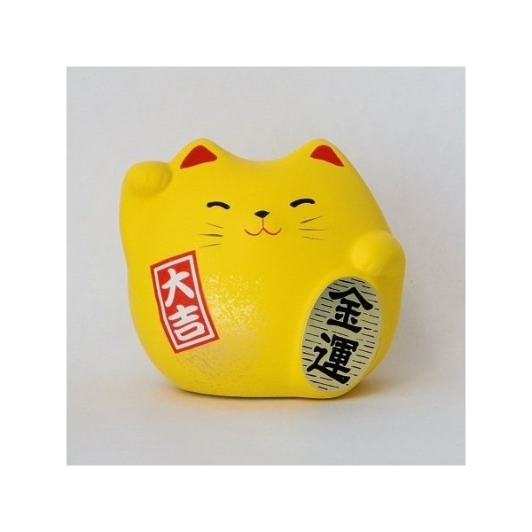 Feng Shui Good Luck Beckoning Cat Figurine (chibi cat) Yellow Thousand Old Grilled