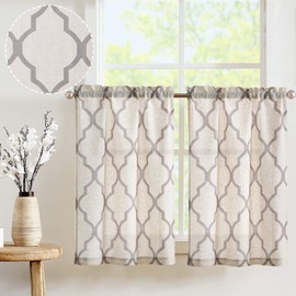 TOPICK Net Curtain, Sheer Curtain, Bistro Curtain, Half Transparent Curtain, Gauze, Pair of Scarves, Window Curtain for Kitchen, Living Room, Country House, Set of 2, 65 W x 60 H (cm) Grey on Beige