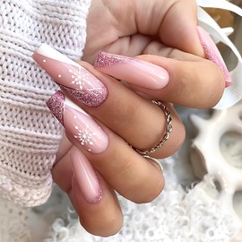 24Pcs French Tip Press on Nails Medium Coffin Fake Nails with Snowflake Design Pink Glitter Acrylic Nails Glossy Stick on Nails Winter False Nails Christmas Glue on Nails for Women Girls