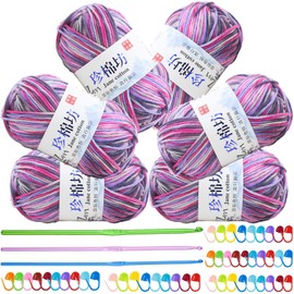 Crochet Yarn Balls(6 X 50g, 4-Ply), Knitting Wool Yarn for Crochet, Double Knitting Wool with Aluminum Crochet Hooks Stitch Markers, Acrylic Yarn for DIY Craft and Crochet Project (E-Blue-Pink)