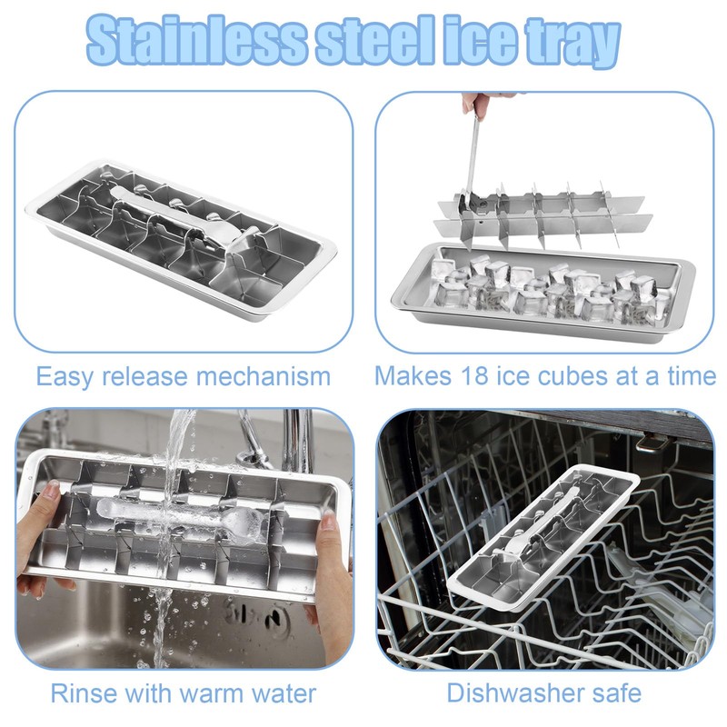 Stainless Steel Ice Cube Trays with Detachable Handle, 18-Slot Metal