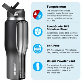 HYDROWION 32oz Water Bottle, Double Wall Vacuum Stainless Steel Insulated Water Flask with Straw Lid, Spout Lid and Flex Cap(Cold for 48 Hrs, Hot for 24 Hrs), Leakproof Travel Thermo Mug, Black&Grey