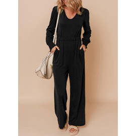 Dokotoo Long Sleeve Jumpsuit V Neck Elegant for Womens Dressy Casual 2024 One Piece Romper Outfits,Black Small