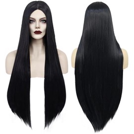 ANOGOL Long Black Wig Middle Part Witch Vampire Cosplay Goth Costume