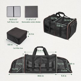 LitaiL Cat Travel Carrier with Litter Boxes for 2 Cats, Double-Compartment Soft Pet Carrier, Expandable Portable Cat Carrier for Car Travel, up to 35 lb Road Trip, Camping, Hiking, Black