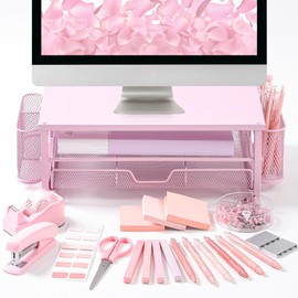 Kosiz 21 Pcs Pink Office Desk Organizers and Accessories Computer Monitor Stand with Drawer Pen Holder Stapler Tape Dispenser Sticky Note Clips Pen Highlighter Scissors Aesthetic Accessories for Woman