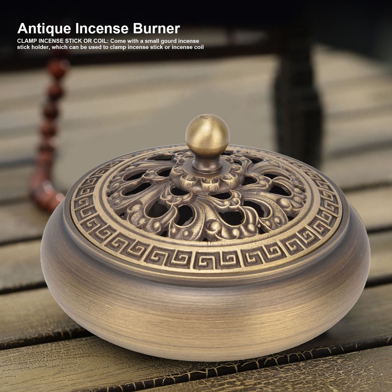 Antique Incense Burner Brass Holder with Lid Fireproof Cotton Interior