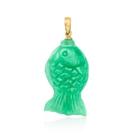 Ross-Simons Carved Jade Fish Pendant in 14kt Yellow Gold