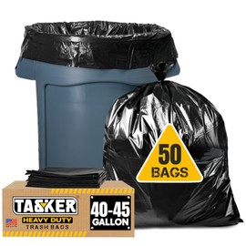 Tasker 40-45 Gallon Trash Bags, (50 Bags w/Ties) Large Black Heavy Duty Garbage Bags - fits 39 Gallon - 40 Gallon - 42 Gallon - 44 Gallon