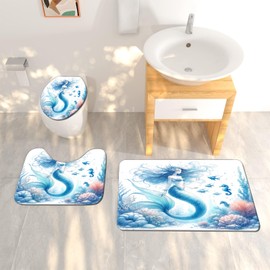 Cute Mermaid Bathroom Set- Nautical 4PCS Shower Curtain Sets Accessories with Non-Slip Rug, Toilet Lid Cover, Bath Mat-72x72in- Fish Coral Seahorse Polyester Curtains-Home Decor Women Gifts