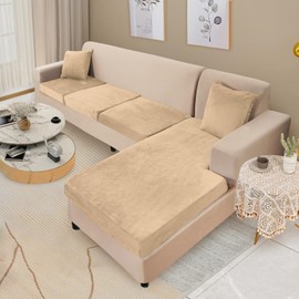 NAISI Sectional Couch Cover 4 Pieces Velvet Separate Couch Cushion Covers L Shape Soft Stretch Sofa Slipcovers with 2pcs Pillowcases for Left/Right Chaise Sectional Couch(3 Seater+1 Chaise,Camel)