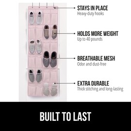 Gorilla Grip Over the Door Shoe Organizer, 24 Large Breathable Mesh Pockets, Space Saving Hanging Storage Holder, Closet Rack Hanger Holds Up to 40 lbs, Hangs on Closets for Shoes, Accessories, Pink