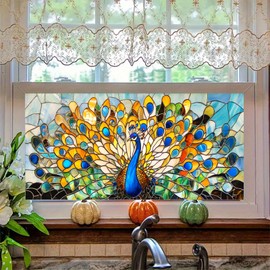 HOMETITUTE Peacock Stained Glass Window Film Decorative 39.3x17.7 Inch Privacy Window Film for Bathroom Living Room Static Cling Window Sticker Non Adhesive Colorful Glass Art Panel