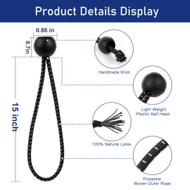 15 Inch Bungee Balls Ties,50 PCS Ball Bungee Cords Heavy Duty Elastic Cord Ball Bungee Canopy Tarp Tie Bungee with Balls for Camping, Shelter,Cargo,Tent Poles UV Resistant