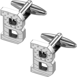 HAWSON Initial Cufflinks for Men with USA Flag Design, Classic Silver Cuff Links with Letter Monogram Suits Shirt Studs for Wedding Party