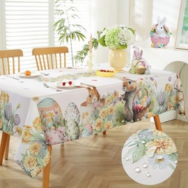 Rectangle Easter Tablecloth Watercolor Bunny Flowers Print,Spillproof Spring Floral Table Cloth，Stain Resistant Wrinkle Free Polyester Fabric Table Cover for Picnic Party Dinner (60*84 Beige)