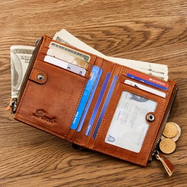Wallet with Chain for Men Women Genuine Leather RFID Blocking Bi-Fold Wallet with Chain, Zip Coin Pocket, Credit Card Holder, Transparent ID Window for Driver License Biker Punk Hip Hop Style (Brown)