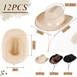 Hercicy 12 Pcs Kids Cowboy Hat Cowgirl Western Hat for Boys and Girls Dress Costume, Bachelor Party Supplies (Beige,Black,Dark Brown)