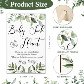 Baby Shower Games Baby Sock Hunt Sign Wooden Tabletop Decor Greenery Gender Reveal Party Supplies Rustic Baby Gift Sets Wooden Baby Shower Favors Baby Socks Game for Boy Girl, 5.12 x 7.87 x 0.2 inch