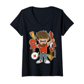 Womens X Cartoon Character With Guitar Fun Illustration For Kids V-Neck T-Shirt