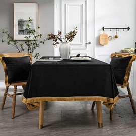 FAIRY KAARI Velvet Tablecloth Luxurious Black Rectangle Table Tablecloth Thickset with Luxurious Gold Tassels Table Cloth for Home Decor Christmas Wedding, Party, Banquet and Events 60X120inch