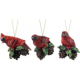 Gerson International SET OF 3 HAND PAINTED 4" RESIN CARDINAL ON HOLLY BERRIES & PINE CONES ORNAMENTS