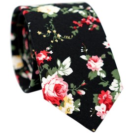 BELLUNO Cotton Floral Tie for Men, Skinny Flower Necktie for Wedding, Party, Activities, Cotton Slim Tie + Gift Box, Black Rosa, Skinny