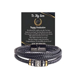 To My Son Graduation Bracelet From Dad Mom, Black Braided Leather Inspirational Bracelets Engraved Love You Forever High School College Graduation Ceremony Gifts Jewelry, Large, Alloy Steel, no