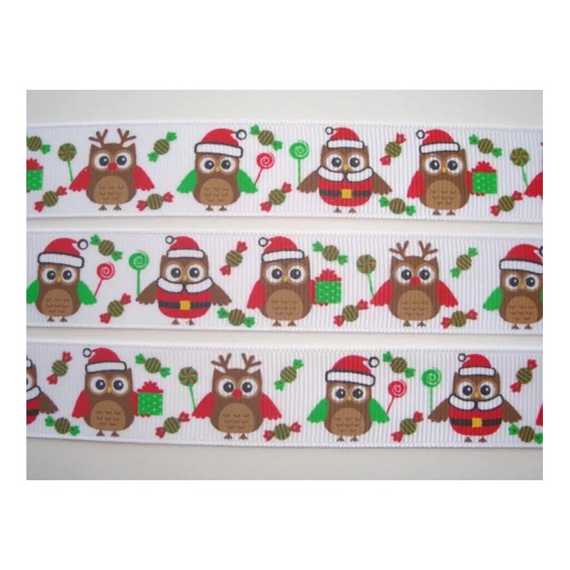 7/8 CHRISTMAS CANDY HOOTS LOLLIPOPS & PRESENTS GROSGRAIN RIBBON OWL