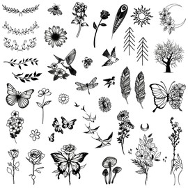 Mini Nature Temporary Tattoos - Realistic Long Lasting Waterproof Tiny Tattoos - Black and White Butterflies Bird Flower Rose Tree Branch Boho Small Tattoos for Women and Men