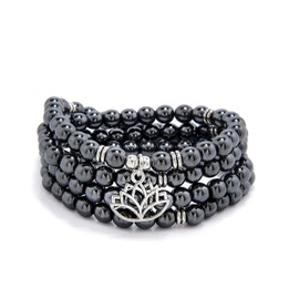 6mm Japa Mala Necklace 108 Mala Beads Bracelet Handcrafted with Lotus Charm for Men or Women (Hematite)