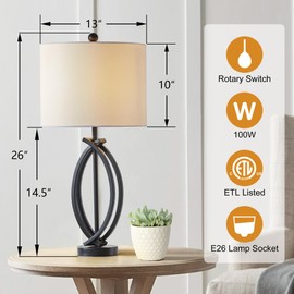HIGHTRY 26" Industrial Table Lamps Set of 2, 3-Way Dimmable Farmhouse Nightstand Lamps Black Metal Bedside Lamps with White Shade for Living Room Bedroom, End Table Desk Lamp for Home Office