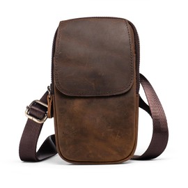 Hengwin Multifunktionale Echtleder Doppel Reißverschluss Taschen Männer Vintage Look Umhängetasche Handy Gürtel Tasche Telefon Holster für Reisen, Outdoor Aktivitäten (Kaffee)