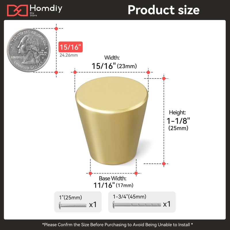 homdiy 10 Pack Gold Knobs Brushed Brass Cabinet Knobs Small
