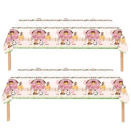 2Pcs Cute Animal Plastic Table Cover, Pink Farm Animal Tablecloth, 137*274 for Kids Girls Birthday Baby Shower Barnyard Theme Party Supplies
