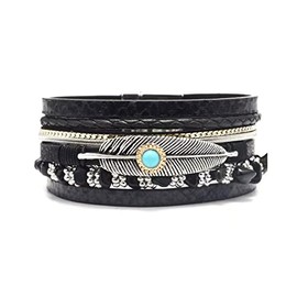 KunBead Black Leather Wrap Bracelets for Women Feather Charm Braided Boho Multi-Layer Bracelet Wristband Cuff Bangle