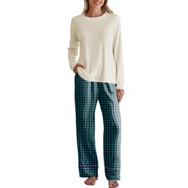 Famulily Ladies Long Sleeve Pyjamas Cute Tunic Top with Long Pants Soft Comfy Checked Printed Pj Lounge Sets Green M