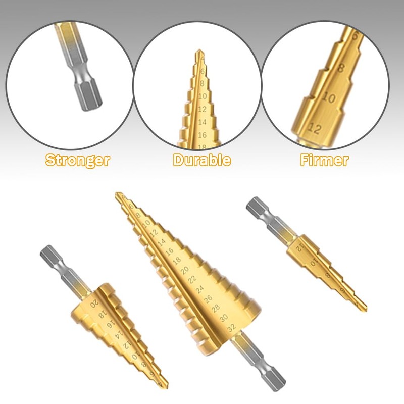 Ruidee 3Pcs Step Bits Set HSS Step Cone Drill Bit
